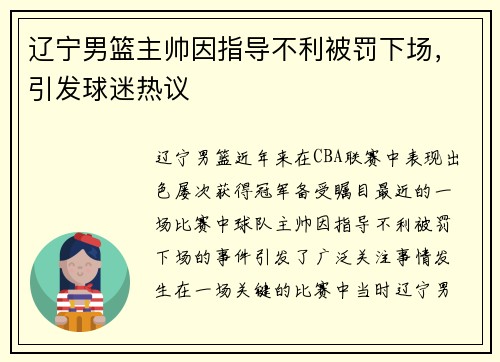 辽宁男篮主帅因指导不利被罚下场，引发球迷热议