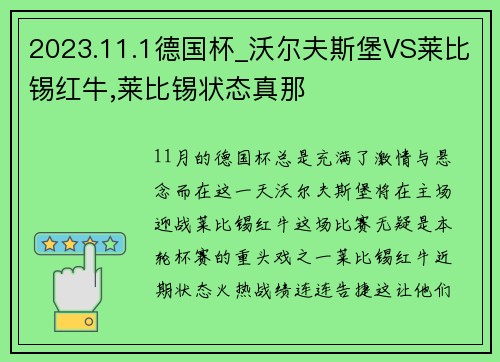 2023.11.1德国杯_沃尔夫斯堡VS莱比锡红牛,莱比锡状态真那