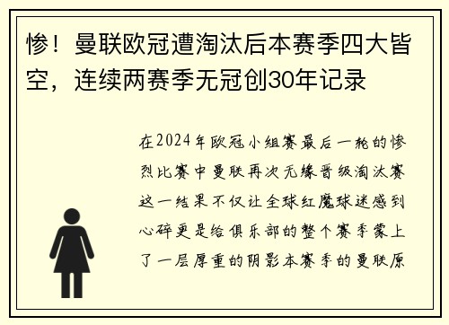 惨！曼联欧冠遭淘汰后本赛季四大皆空，连续两赛季无冠创30年记录